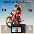 A Compexcam Digital Camera shown in front of a motocross rider on a red dirt bike, with large text and icons advertising UKD 5K 75MP digital camera features including 5K/15FPS video, 1080P full HD photo, 5K/1080p video, and video/photo specs.