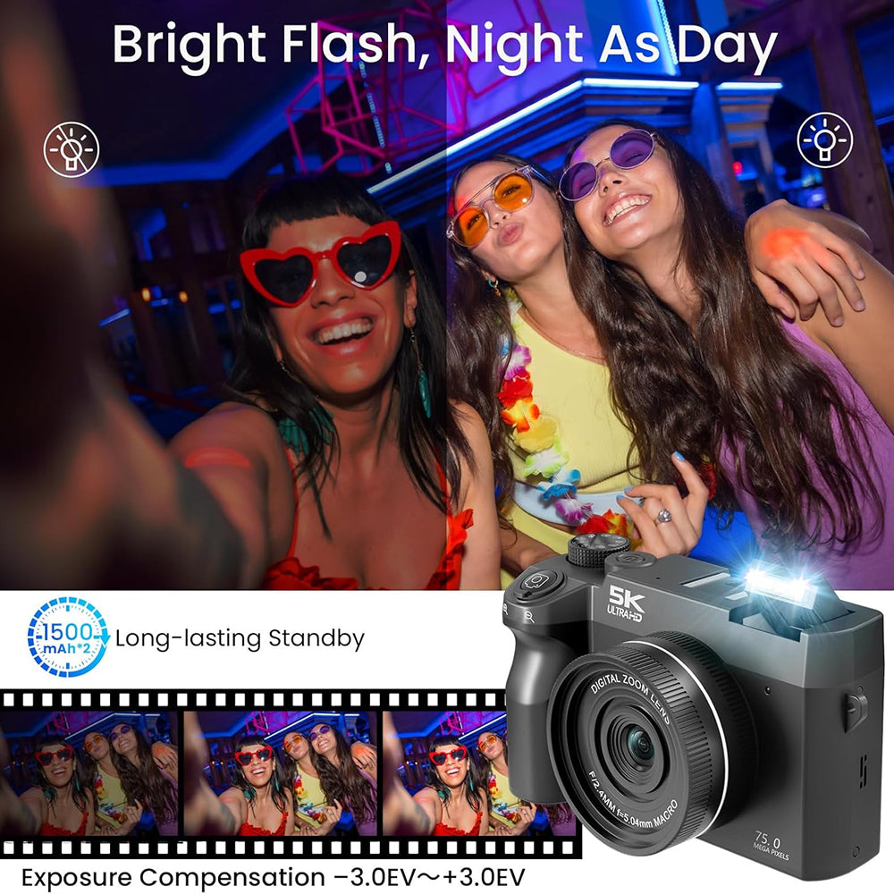 Compexcam Digital Camera with flash on, showing a group of people at a party with text 'Bright Flash, Night As Day'.