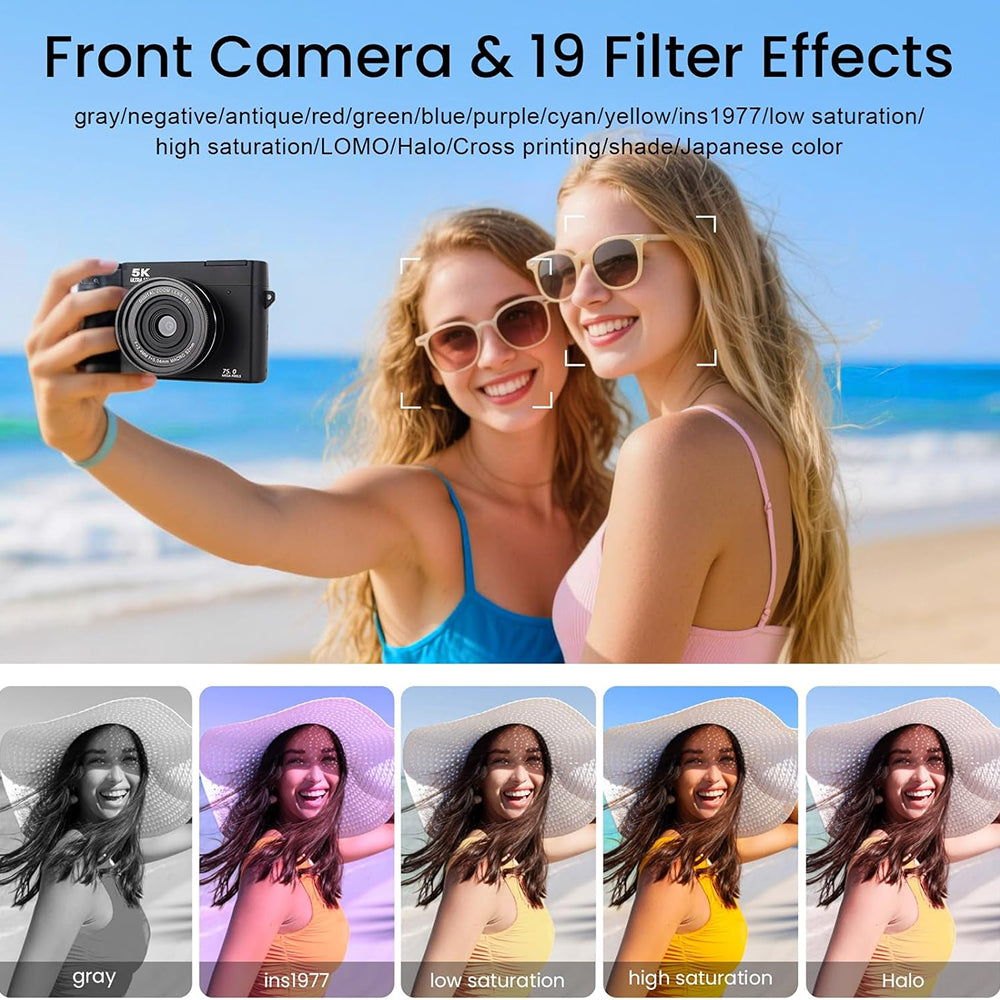 Promotional graphic for a Compexcam Digital Camera and 19 filter effects, showing two women taking a selfie on a beach with color-effect preview thumbnails along the bottom.