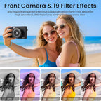 Promotional graphic for a Compexcam Digital Camera and 19 filter effects, showing two women taking a selfie on a beach with color-effect preview thumbnails along the bottom.