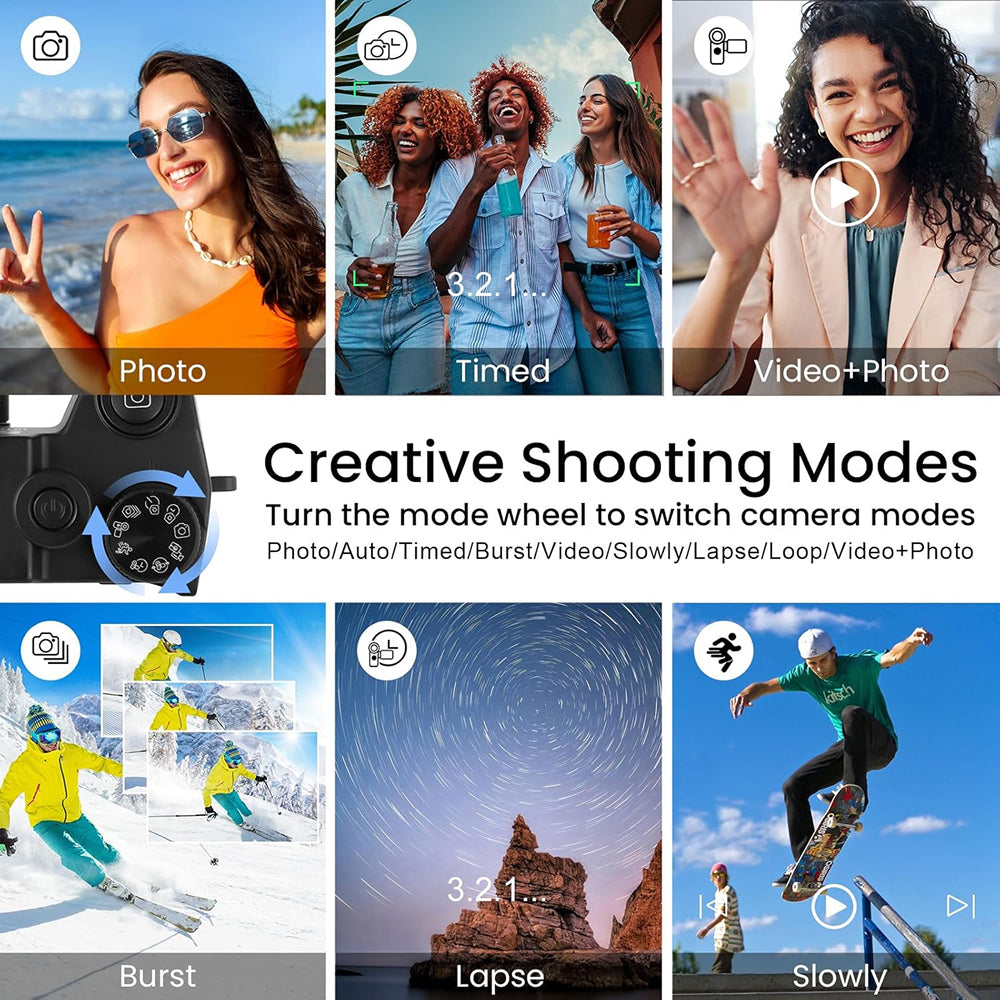 A promotional collage for a Compexcam Digital Camera mode wheel accessory. The top and middle sections show multiple sample photo outputs: a beach portrait, a group portrait with timing overlay, a video-plus-photo shot, a snowy action scene, a starry night landscape, and a skateboarder, each labeled Photo, Timed, Video+Photo, Burst, Lapse, or Slowly.