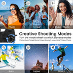 A promotional collage for a Compexcam Digital Camera mode wheel accessory. The top and middle sections show multiple sample photo outputs: a beach portrait, a group portrait with timing overlay, a video-plus-photo shot, a snowy action scene, a starry night landscape, and a skateboarder, each labeled Photo, Timed, Video+Photo, Burst, Lapse, or Slowly.