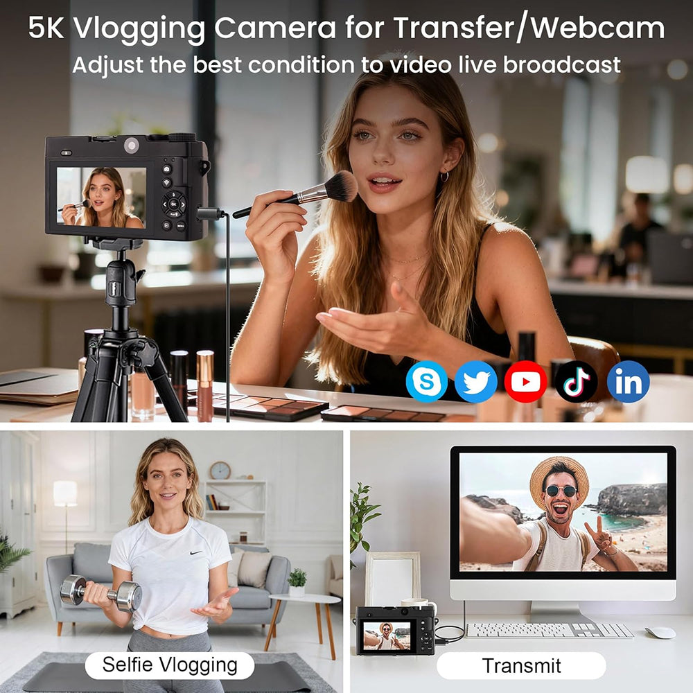 Promotional collage for a 5K vlogging Compexcam Digital Camera transfer/webcam service, showing a woman recording a video on a tripod-mounted camera, a selfie vlog scene, and a computer screen displaying the video. Text reads '5K Vlogging Camera for Transfer/Webcam' and includes social media icons.