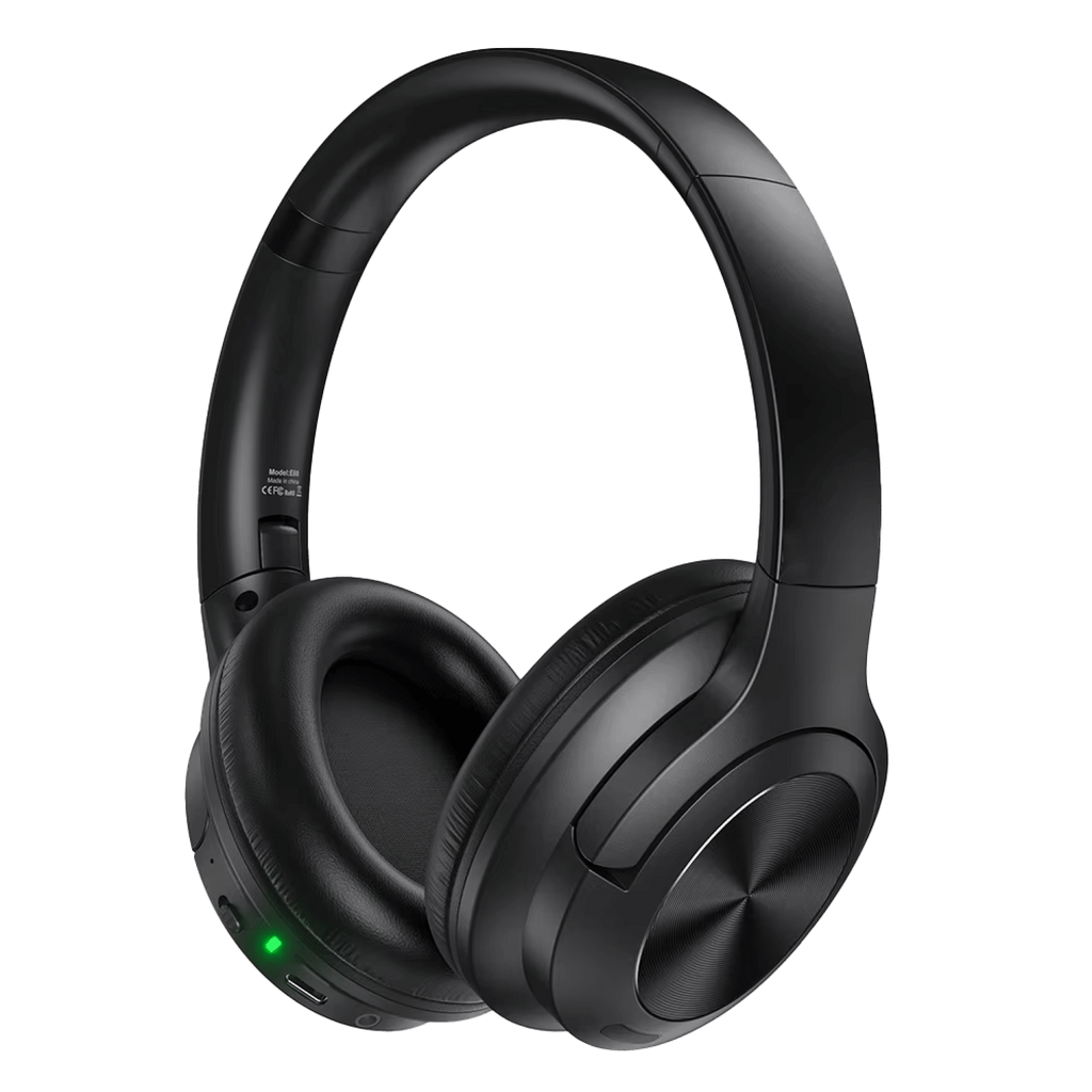 Black CushMute Noise Cancelling Headphones with a green light on a transparent background