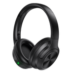 Black CushMute Noise Cancelling Headphones with a green light on a transparent background