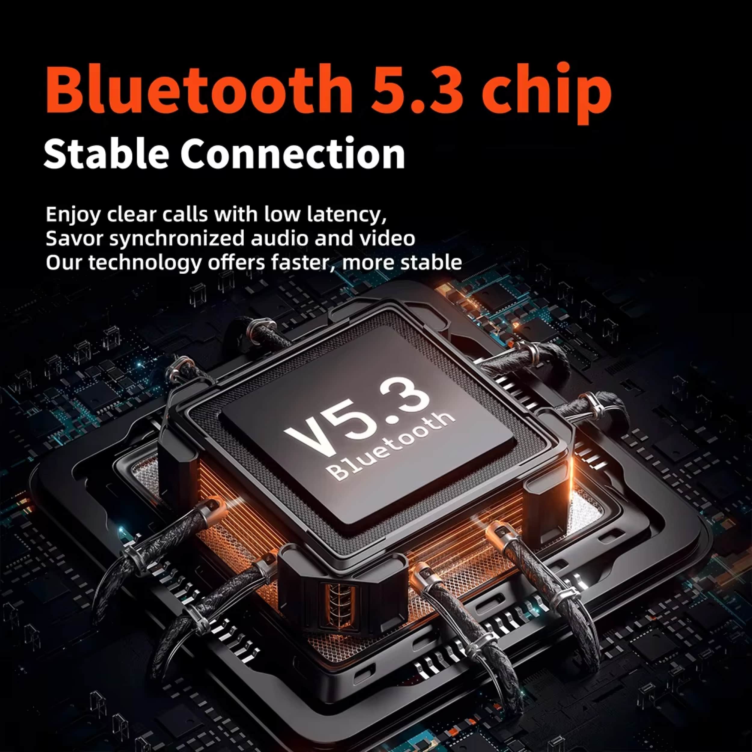 Bluetooth 5.3 chip with circuit board background and promotional text.