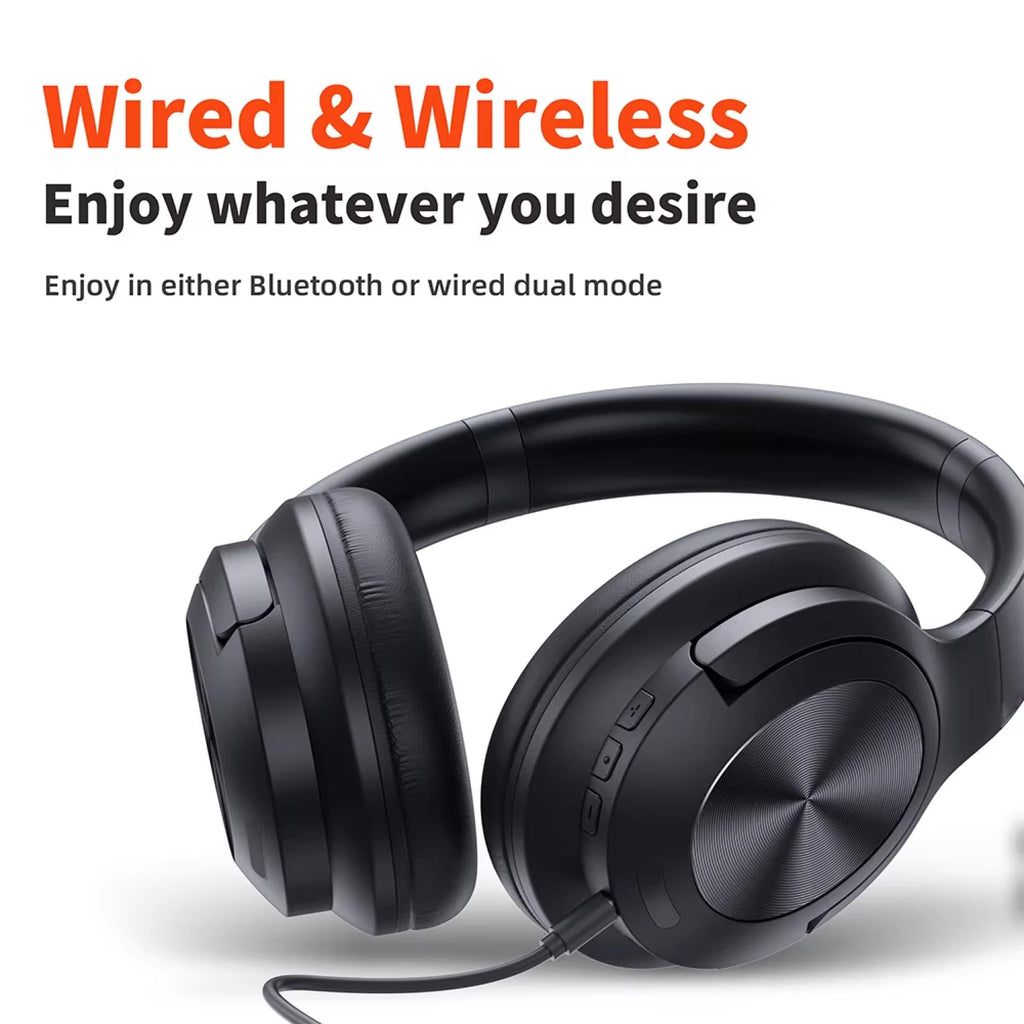Black CushMute Noise Cancelling Headphones with text 'Wired & Wireless Enjoy whatever you desire' on a white background