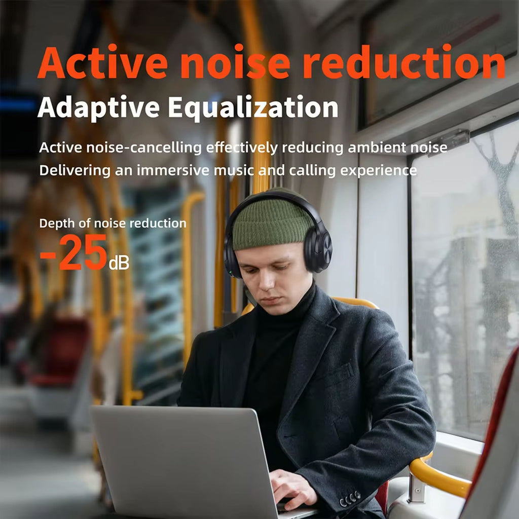 Person wearing CushMute Noise Cancelling Headphones using a laptop with text about active noise reduction and adaptive equalization.