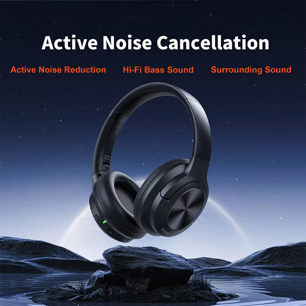 Black CushMute Noise Cancelling Headphones with 'Active Noise Cancellation' text and features on a scenic background.