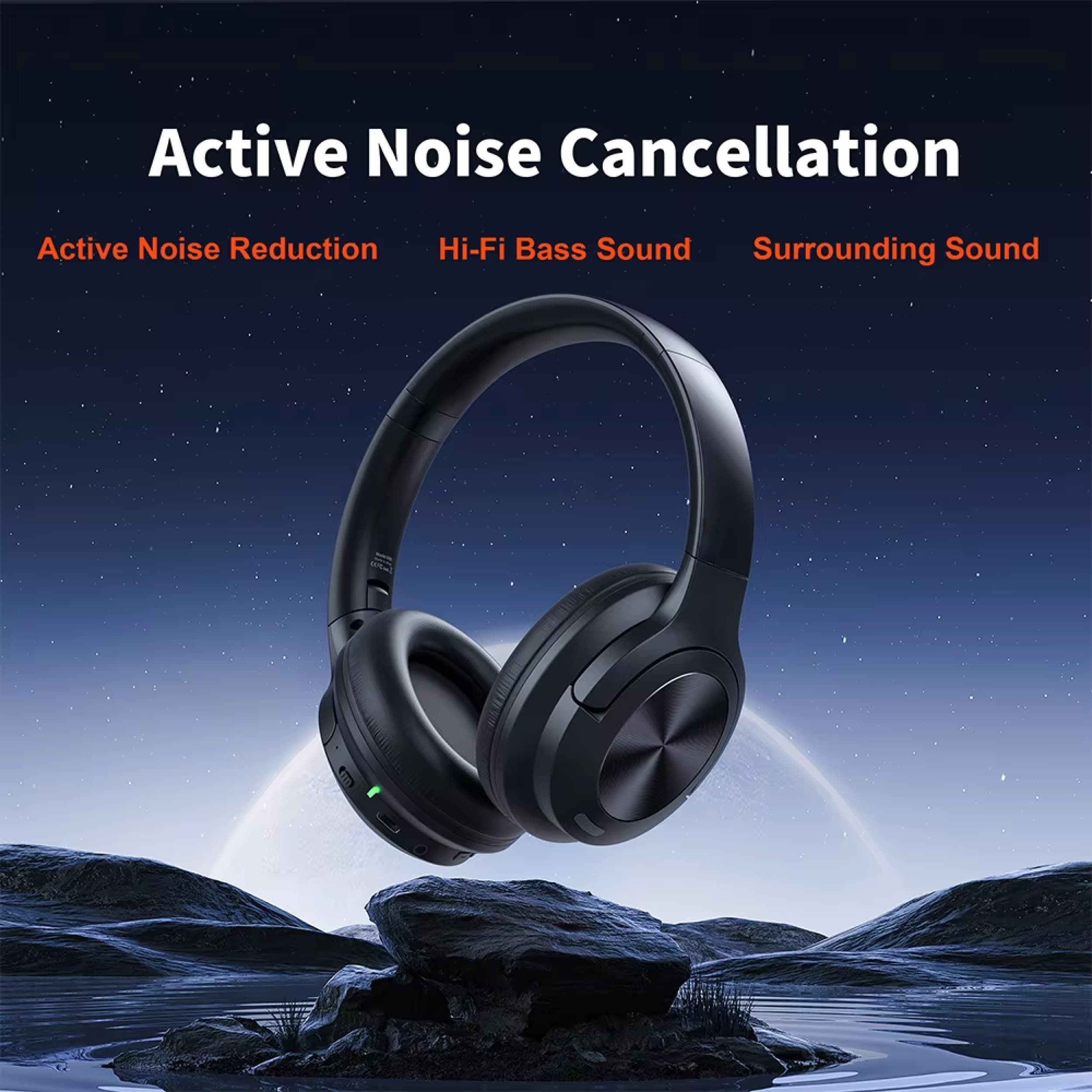 Black CushMute Noise Cancelling Headphones with 'Active Noise Cancellation' text and features on a scenic background.