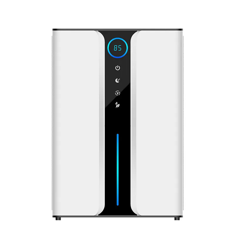 White Overly dehumidifier with digital display on a white background