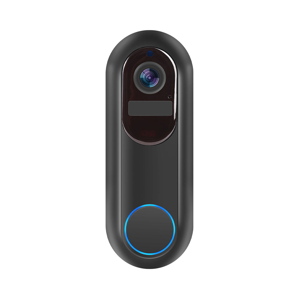 Black Dooric Pro Doorbell with a blue light on a white background