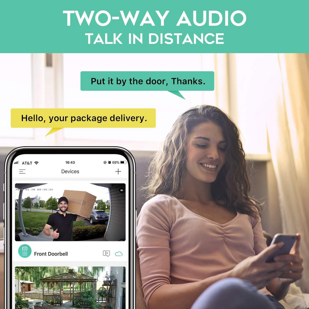 Woman using a Dooric Pro Doorbell with a two-way audio app, receiving a package delivery notification.