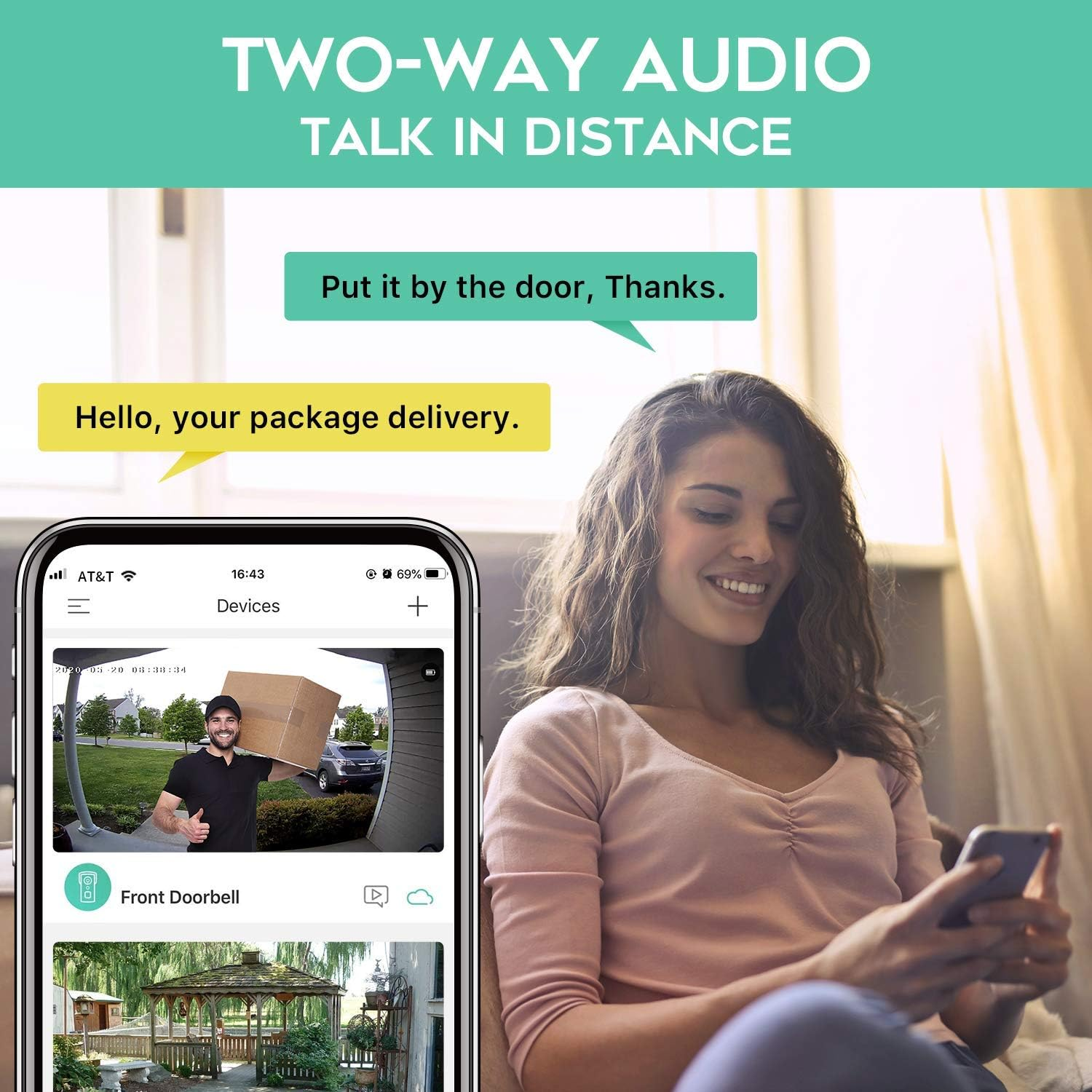 Woman using a Dooric Pro Doorbell with a two-way audio app, receiving a package delivery notification.
