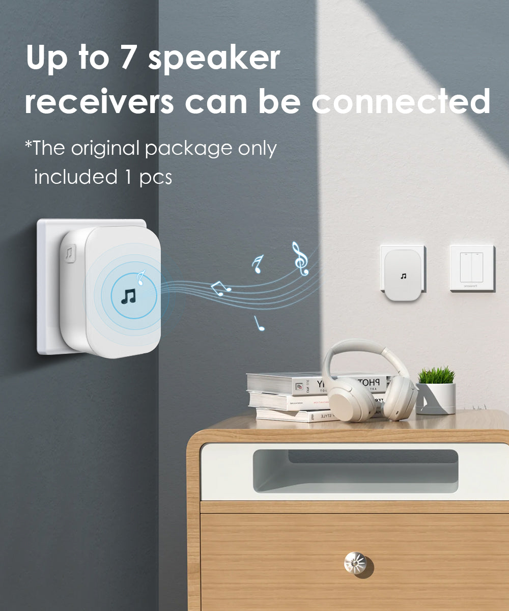 White wall-mounted speaker receiver with text about connectivity on a gray wall background.