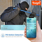 Person breaking into a house with a Tuya security system app on a phone, highlighting PIR motion detection feature.
