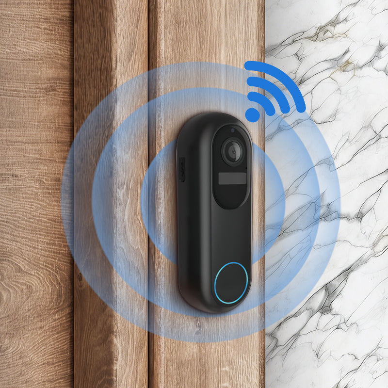 Smart Dooric Pro Doorbell on a wooden door with a marble background