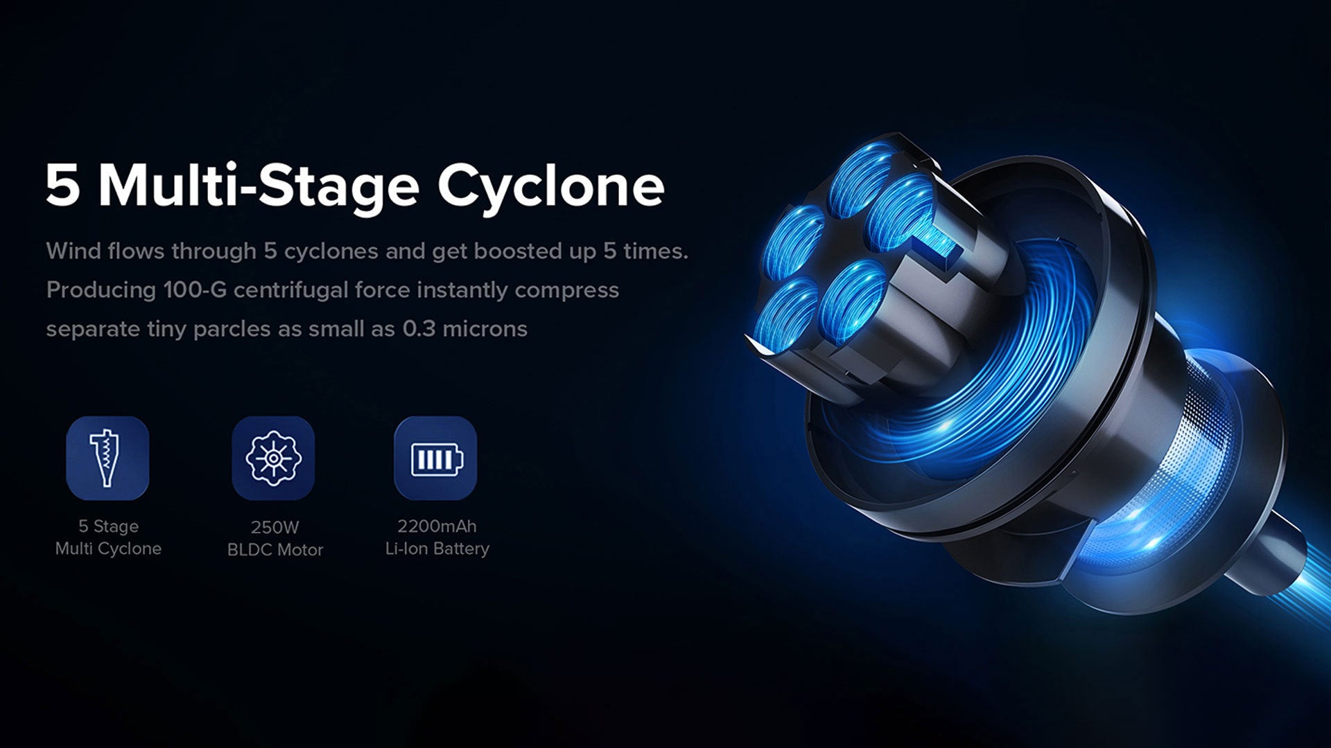 Turbocharger with blue accents on a black background, featuring text about multi-stage cyclone technology.