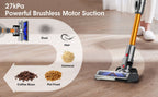 Drexen Cordless Vacuum with powerful brushless motor suction on a wooden floor, cleaning dust, hair, and debris.