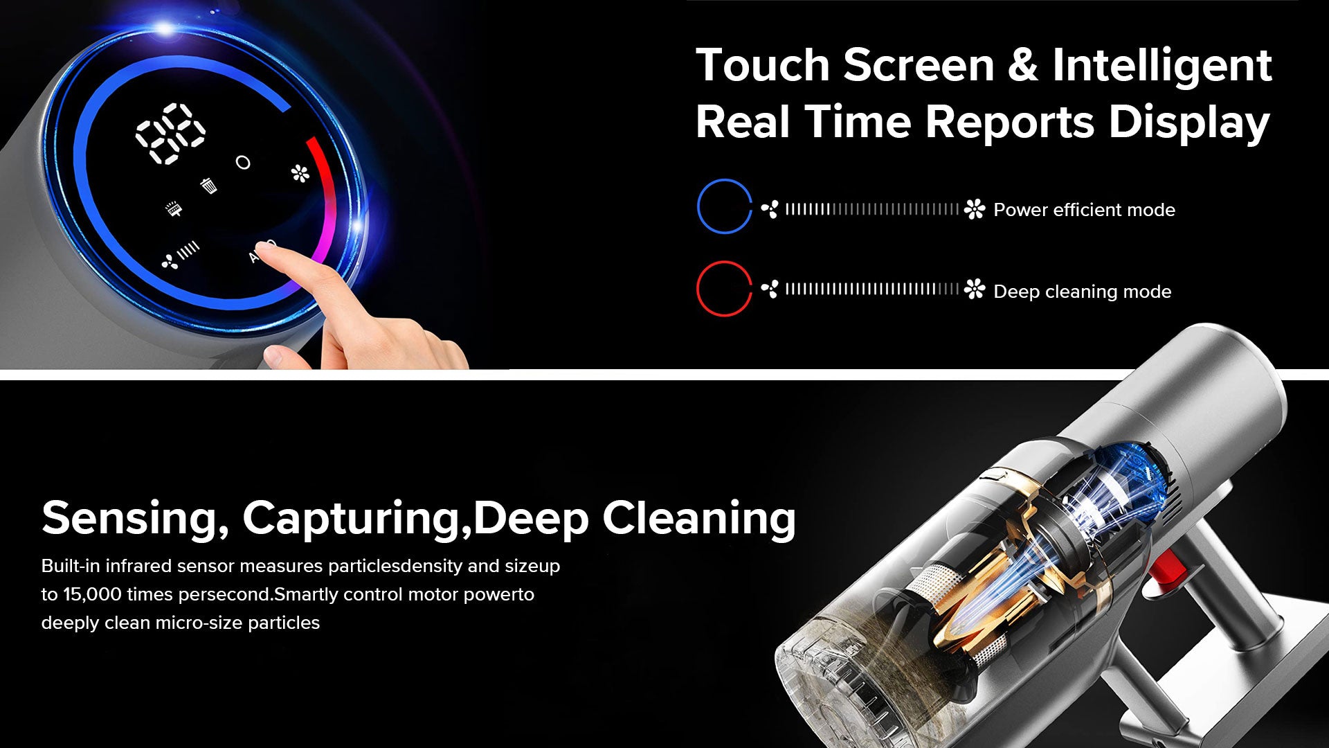 Drexen Cordless Vacuum with touch screen and intelligent real-time reports display on a black background