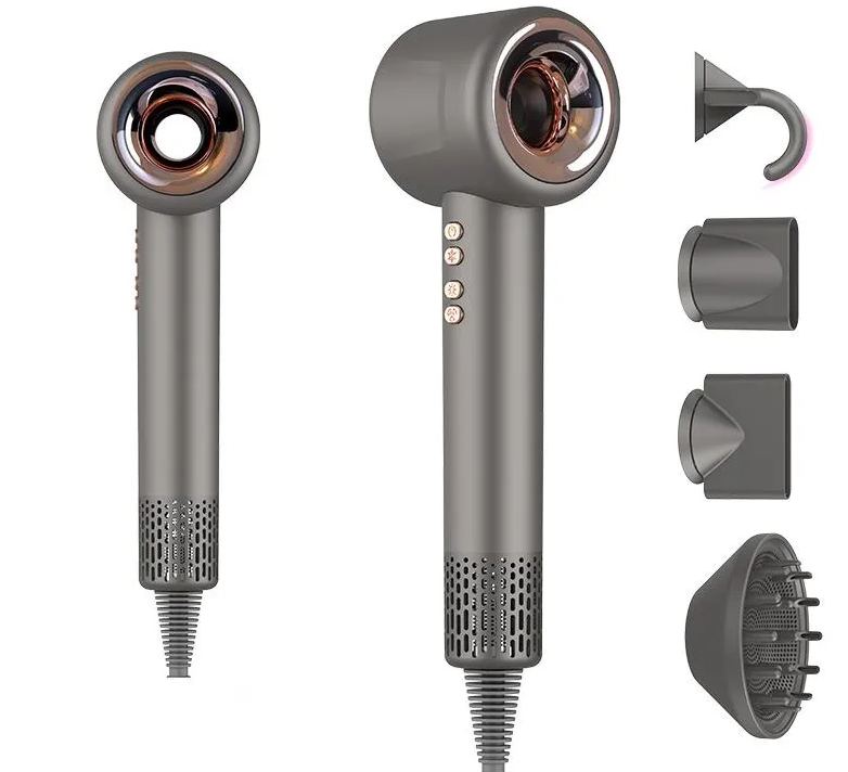 A matte Drylos Hair Dryer shown from two angles with four attachment nozzles displayed on the right, on a plain white background.