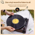 Person holding a EchoSpini Record Player  with text about vinyl records and playback speeds.