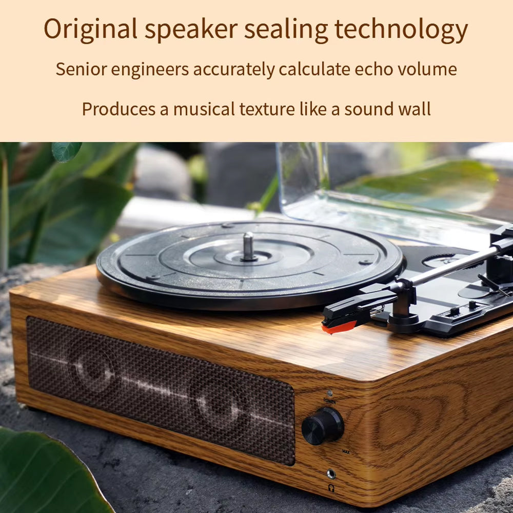 Wooden EchoSpini Record Player with text about original speaker sealing technology