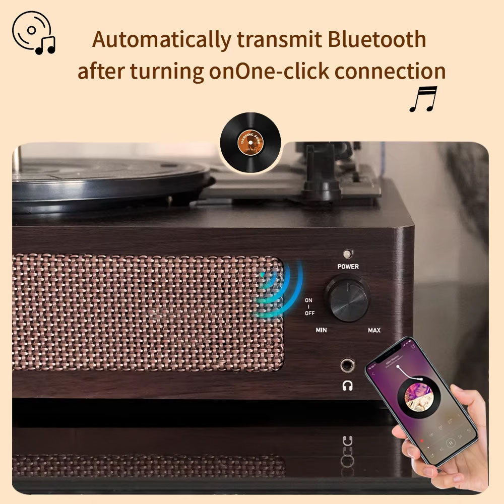 Turntable with EchoSpini Record Player connectivity features, including a smartphone displaying a music app.