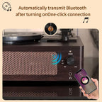 Turntable with EchoSpini Record Player connectivity features, including a smartphone displaying a music app.
