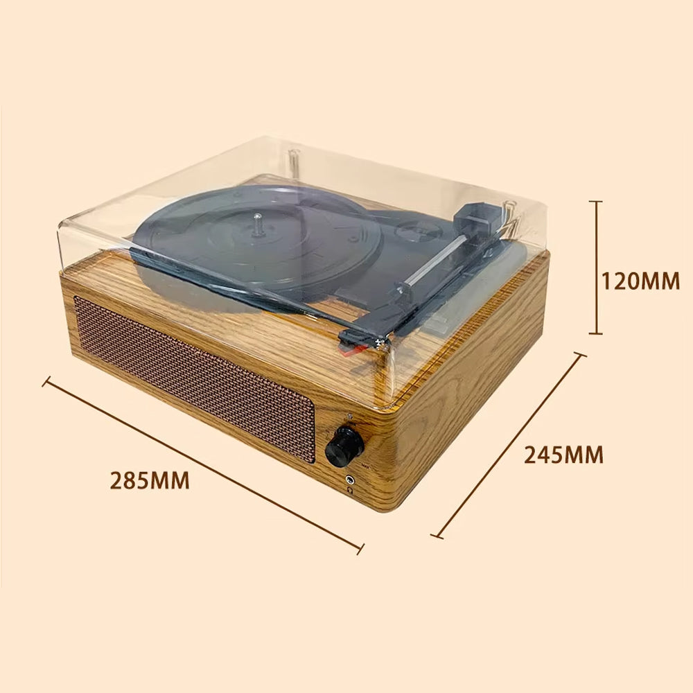 EchoSpini Record Player with dimensions indicated on a beige background
