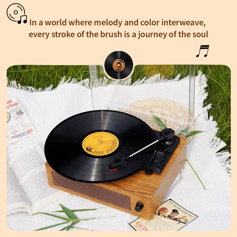 EchoSpini Record Player on a grassy background with text about melody and color.
