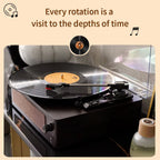 EchoSpini Record Player with a vinyl record on a beige background with text.