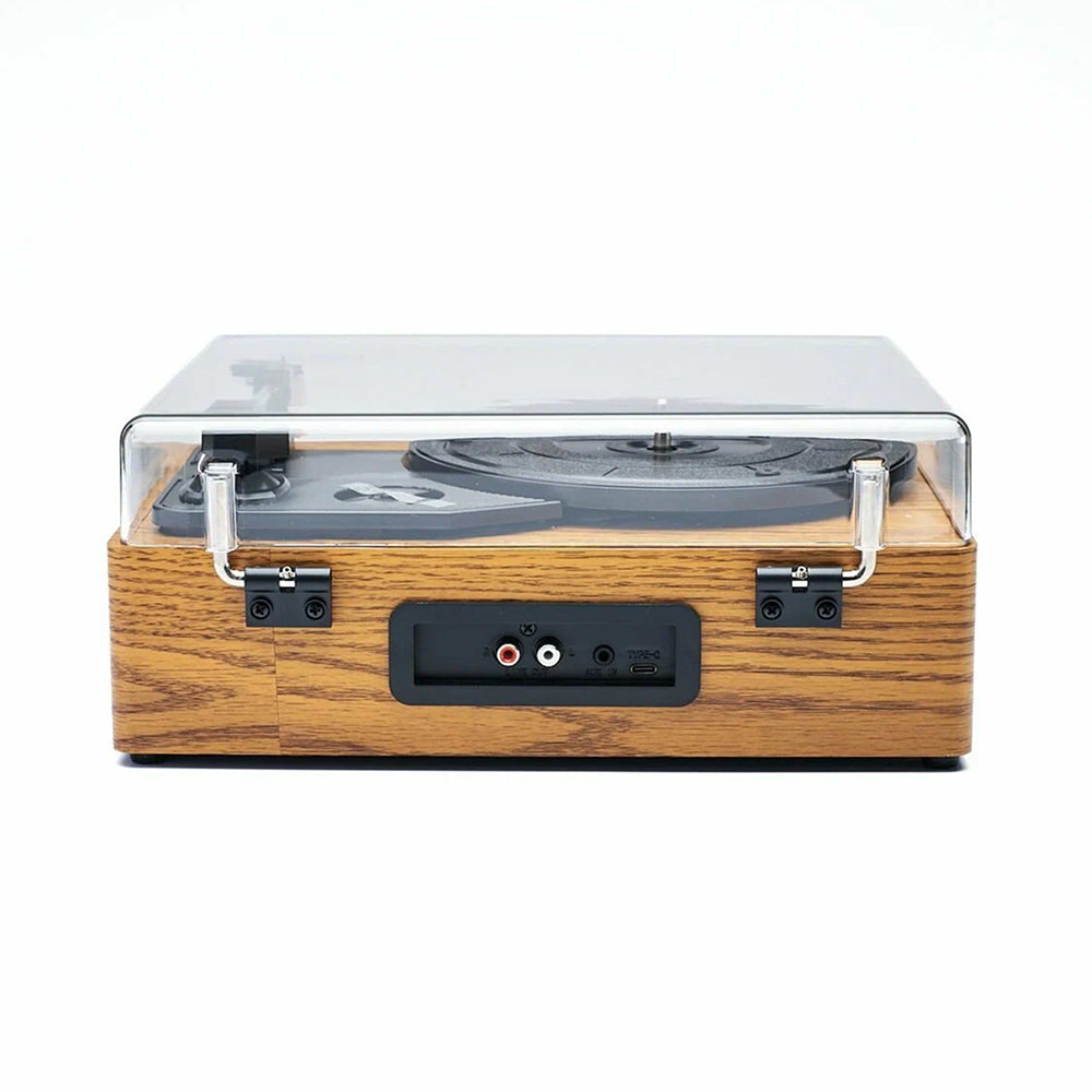 Wooden EchoSpini Record Player with clear acrylic cover on a white background