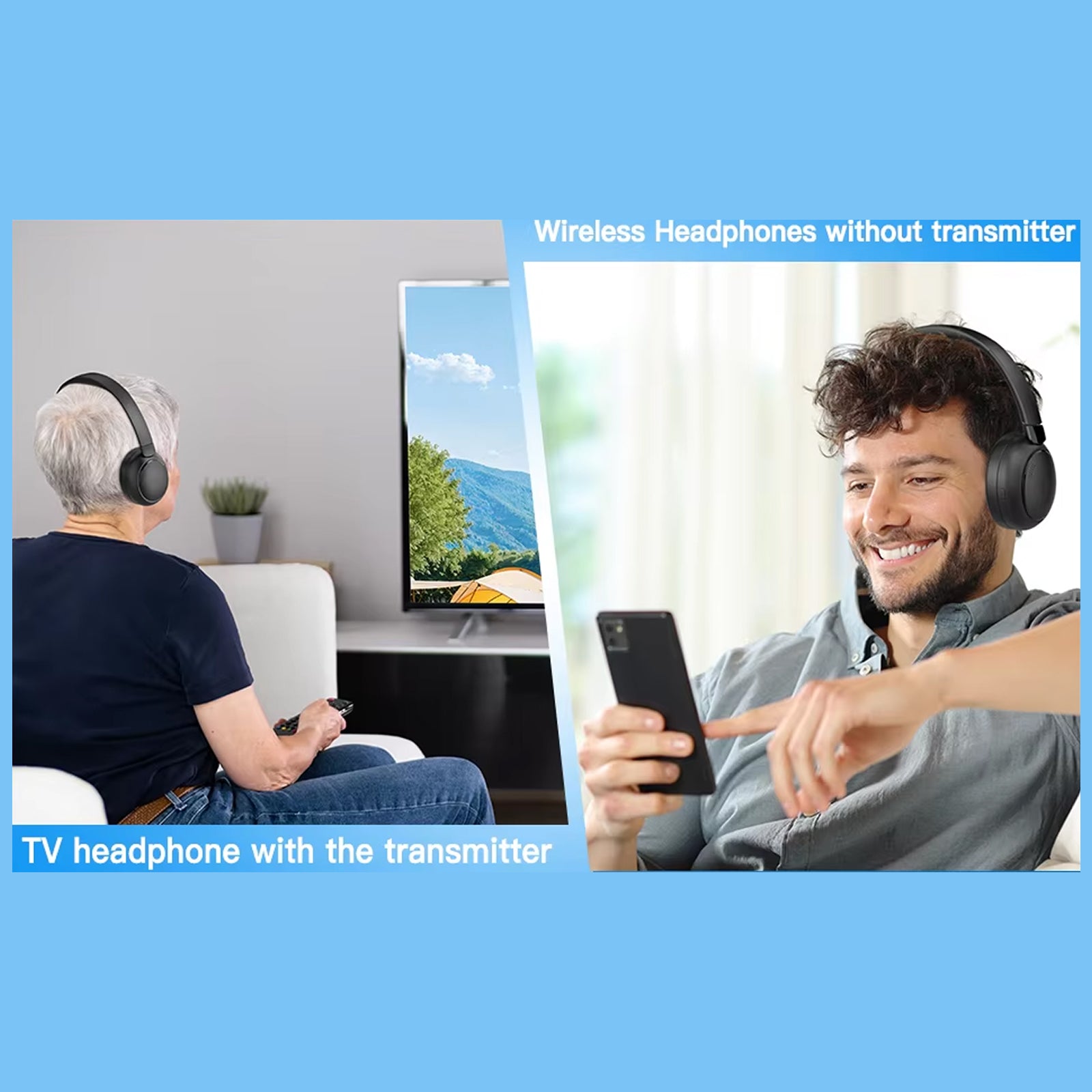 Two people wearing wirreless Ekofonic 2.0 TV Headphones with a TV in the background, one using a transmitter and the other without.