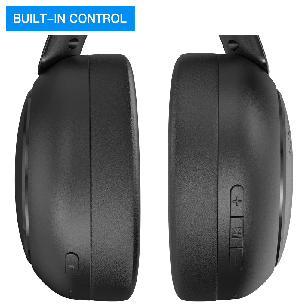 Black Ekofonic 2.0 TV Headphones with control buttons on a white background