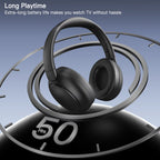 Black Ekofonic 2.0 Headphones on a circular timer with '50' indicating long playtime, against a blue gradient background.