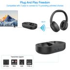 Wireless audio transmitter and receiver system with Ekofonic 2.0 TV Headphones on a white background