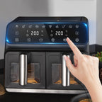 Hand pressing a button on a modern Elarvo Air Fryer with digital display