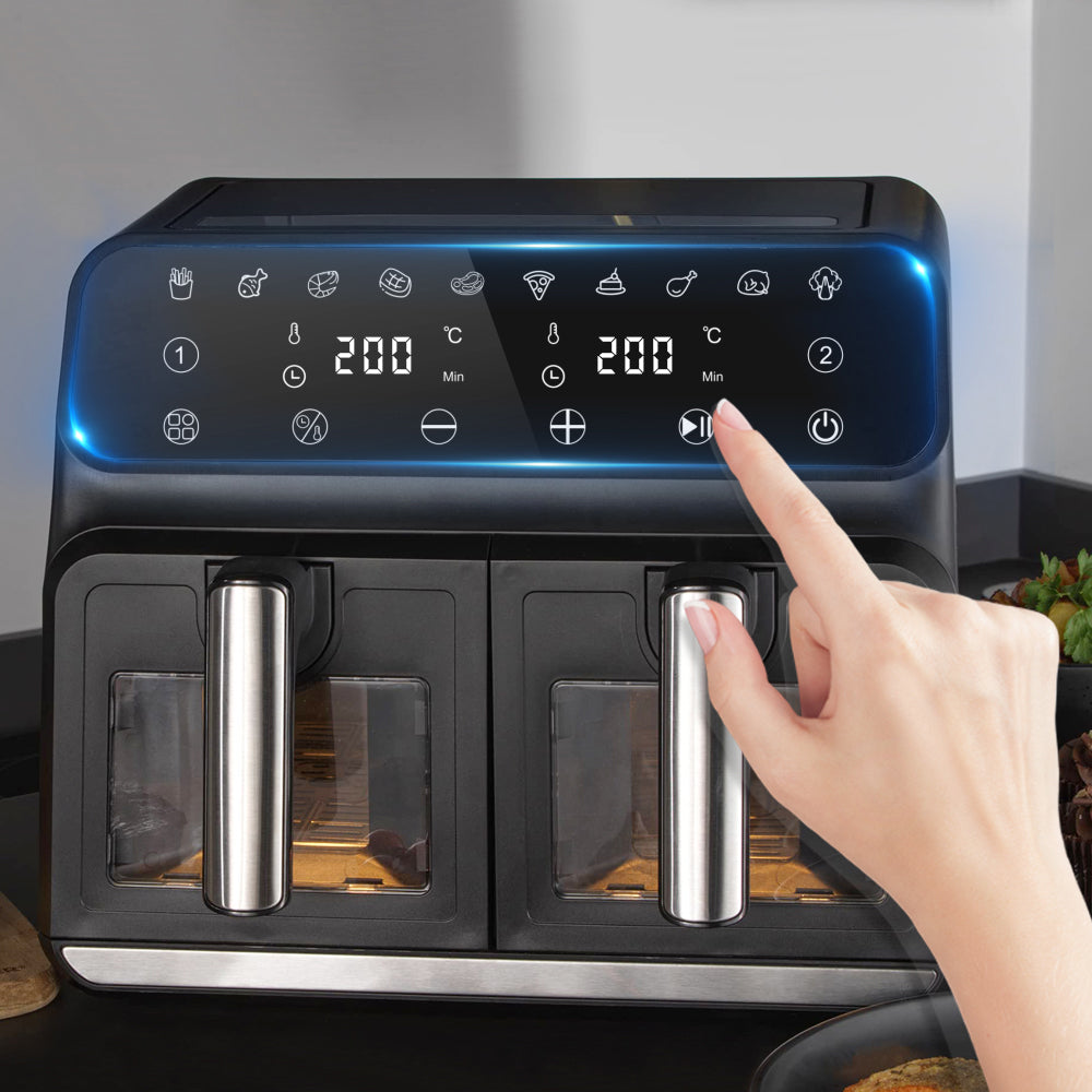 Hand pressing a button on a modern Elarvo Air Fryer with digital display