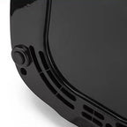 Close-up of a black Elarvo Air Fryer with a reflective visor on a white background