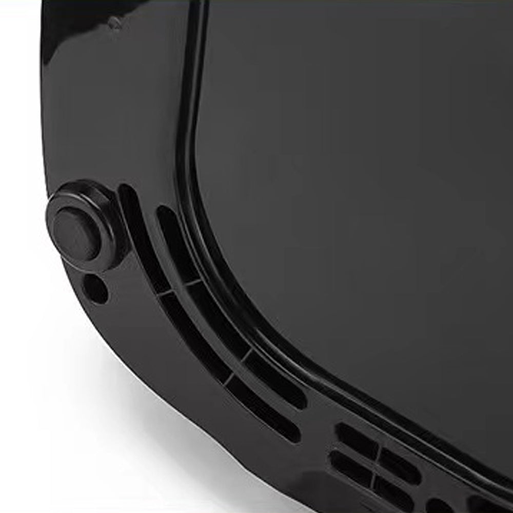 Close-up of a black Elarvo Air Fryer with a reflective visor on a white background