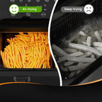 A split comparison graphic showing french fries cooked differently: on the left, golden yellow fries are air-fried inside an oven-like chamber labeled 'Air-frying' with a green smiley icon; on the right, pale gray frozen fries are deep-fried in bubbling oil and labeled 'Deep-frying' with a sad face icon.