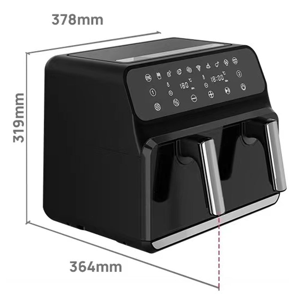 Black Elarvo Air Fryer with dimensions labeled on a white background