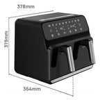 Black Elarvo Air Fryer with dimensions labeled on a white background