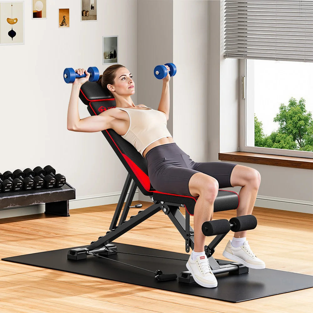 Woman exercising with dumbbells on a Elarvo Adjustable Weight Bench in a home setting.