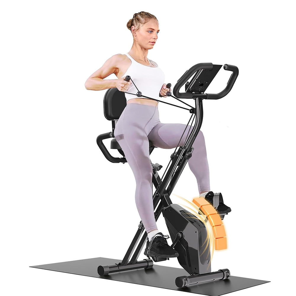 Woman exercising on a black Elarvo Exercise Bike with an orange seat pad on a white background