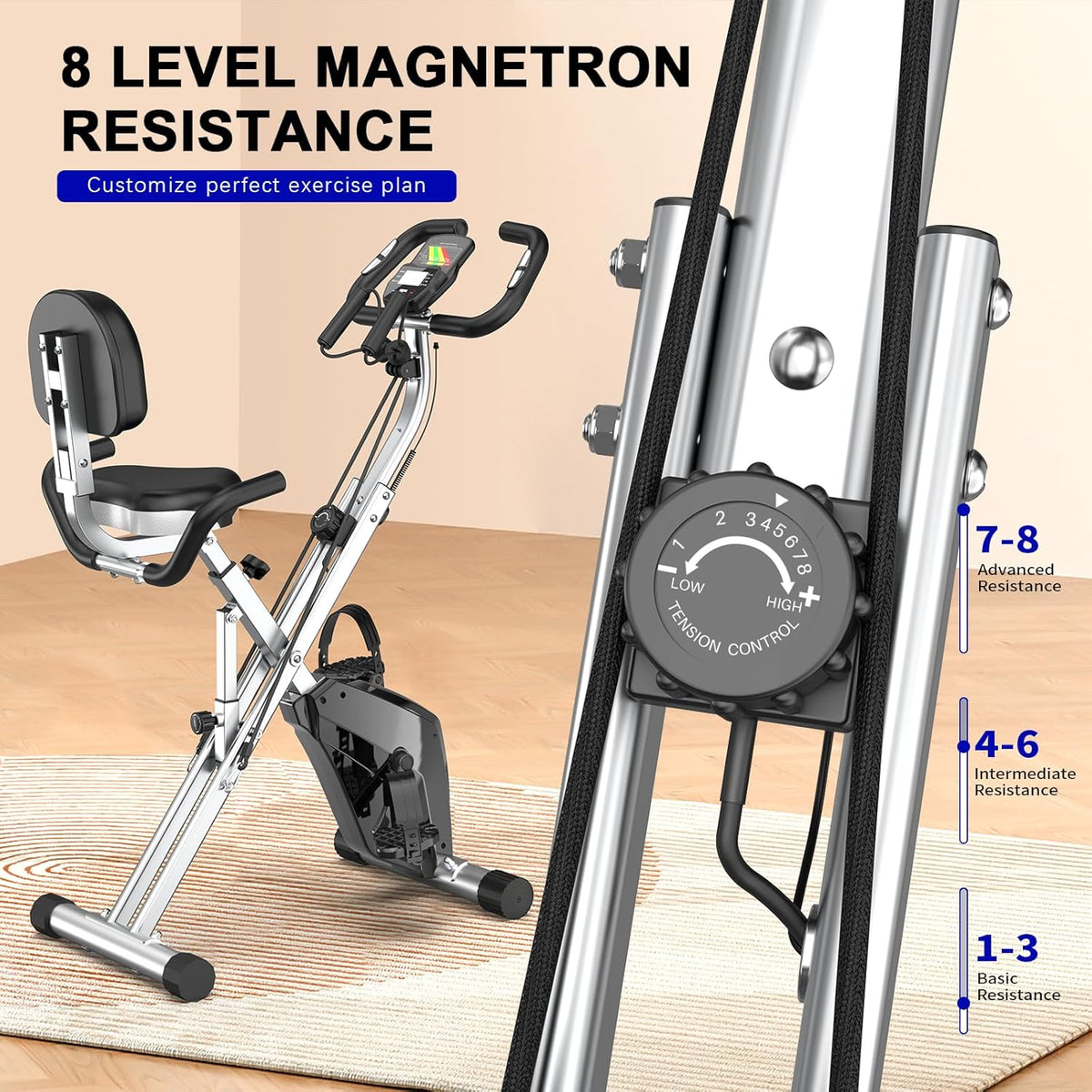 Elarvo Exercise Bike with magnetron resistance control on a wooden floor.