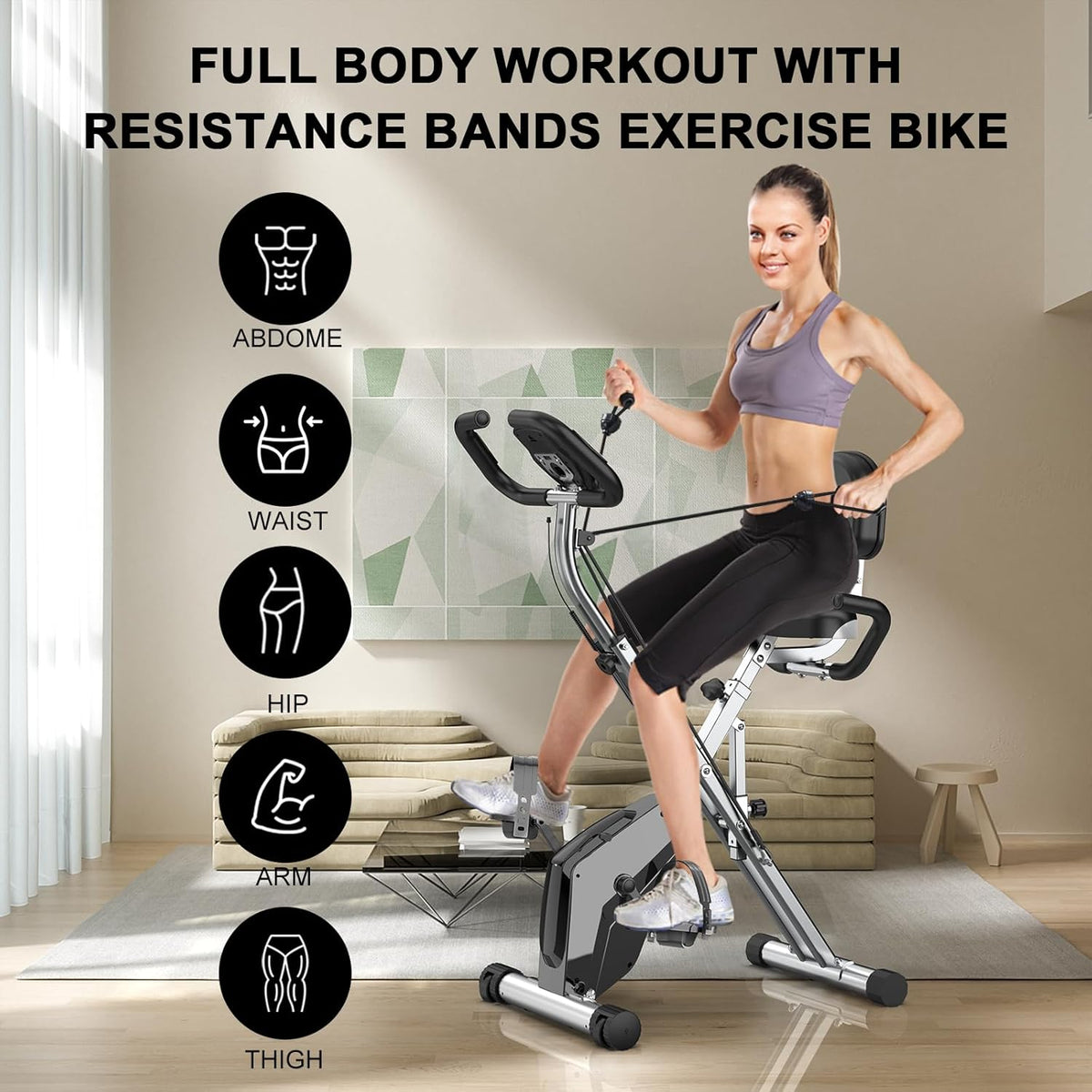 Woman exercising on a resistance bands exercise Elarvo Exercise Bike in a home setting.