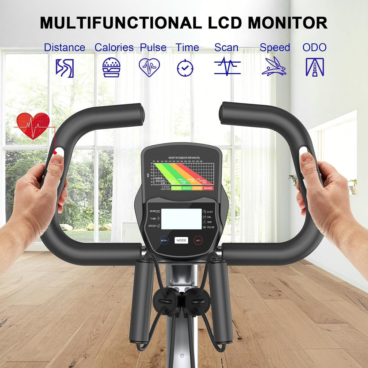 Elarvo Exercise Bike with multifunctional LCD monitor in a home setting