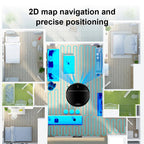 Elarvo M7S Robot Vacuum mapping a room with 2D map navigation and precise positioning text above.